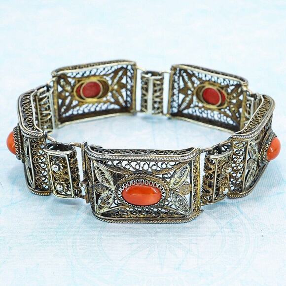 Vintage Gilded 800 Italy Silver Filigree Bracelet Natural Coral Ornate 1930s